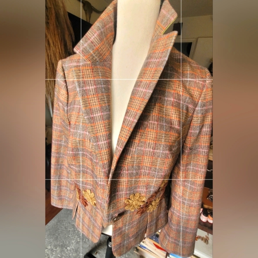 ETRO Milano Wool Blend Plaid Floral Applique Blazer